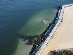an aerial view of the jetty and Barnegat Light walkway
